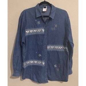 Vintage Teddi Denim Shirt Blue Embroidered Cottagecore Petite Large Grannycore